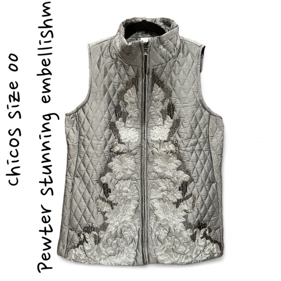 Chicos Richly Embellished Quilted Vest Pewter Chicos Size 00 (XS) NWT - Picture 2 of 7